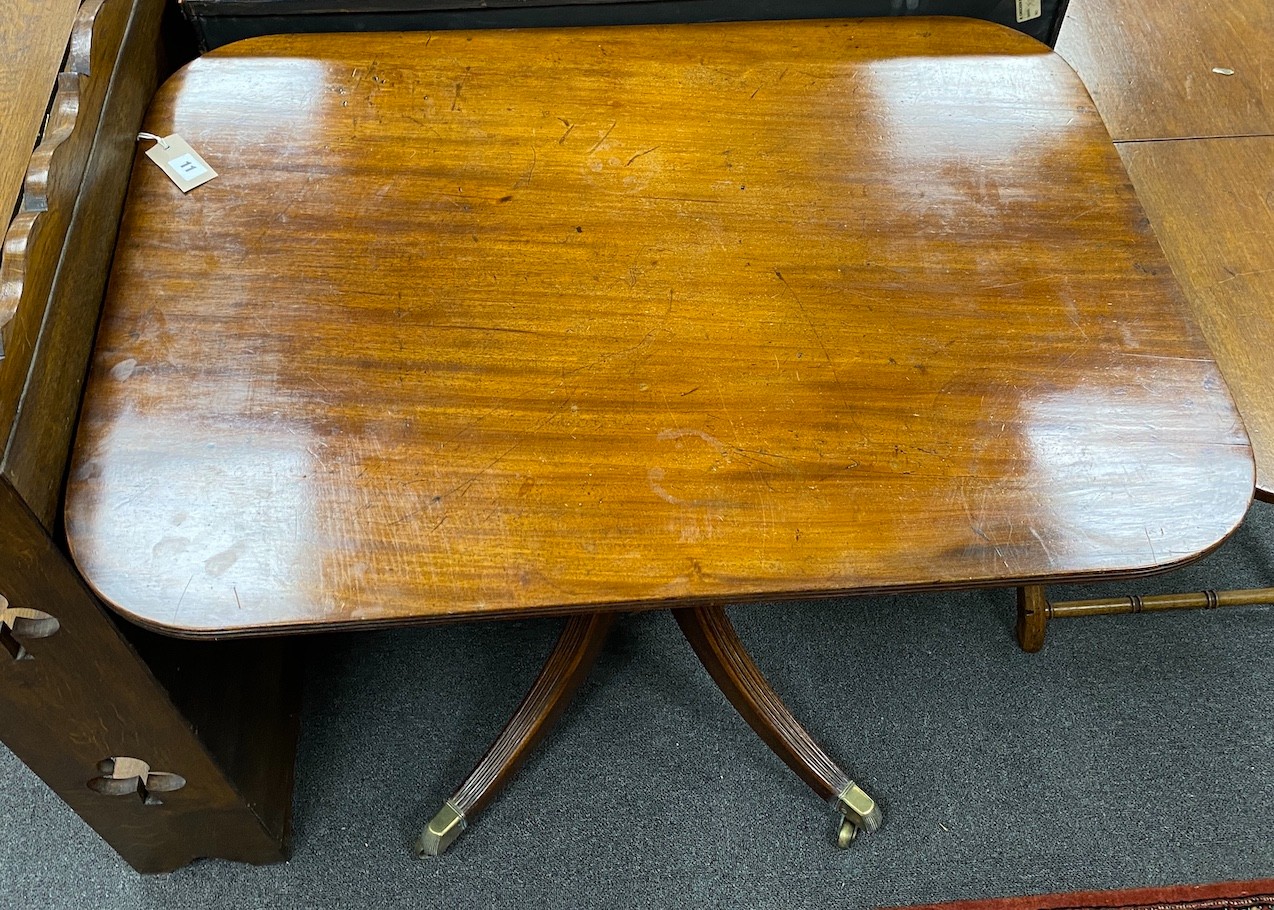 A George III rectangular mahogany tilt top centre table, width 91cm, depth 65cm, height 77cm